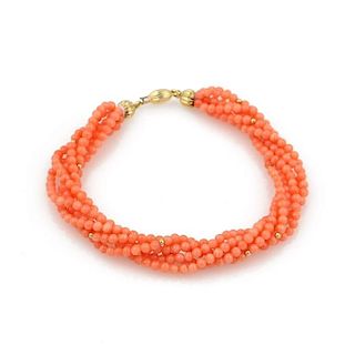 18K YG Multi Strand Coral Bead Bracelet
