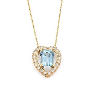 14K Yellow Gold Aquamarine Diamond Heart Necklace 1950's