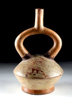 Moche Fineline Pottery Stirrup Vessel w/ Shaman Figure