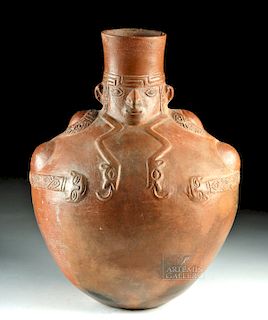 Large Moche Pottery Jar with Human Face & Snakes