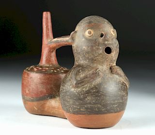 Huari Pottery Double-Chambered Whistling Monkey Vessel