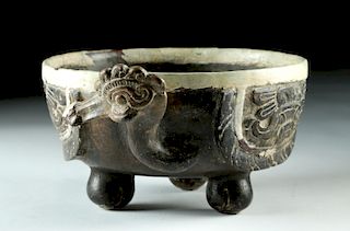 Rare Stuccoed Aztec Pottery Tripod Vessel w/ Bird Head