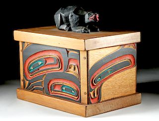 20th C. Tlingit / Haida Wood Box w/ Bear Lid