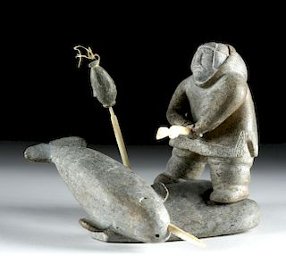 20th C. Inuit Stone & Walrus Ivory Carving