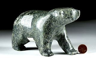 20th C. Inuit Serpentine Stone Polar Bear - Signed