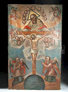Huge 18th C. Spanish Colonial Painting - Holy Trinity