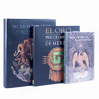 Lote de libros sobre el oro precolombino y la construcción de la Independencia mexicana. Siglo XX. México 200 años. Piezas: 3