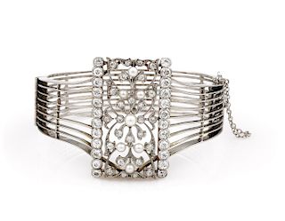 Platinum and Gold Diamond Pearl Cuff Bracelet