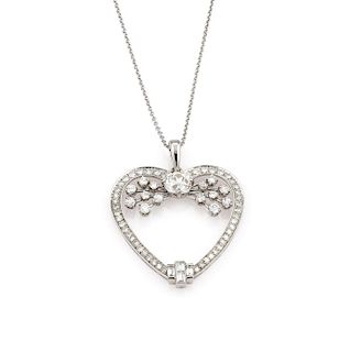 Platinum Art Deco Diamond Heart Pendant Necklace