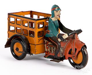 Marx tin lithograph wind-up motorcycle delivery