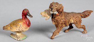 Cold painted bronze retriever with duck, etc.