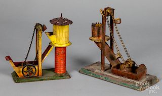 Two painted tin dredge steam toy accessories