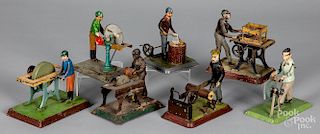 Seven painted tin workmen steam toy accessories