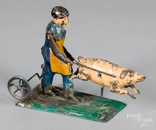 Painted tin pig farmer steam toy accessory