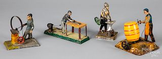 Four painted and tin lithograph worker steam toys