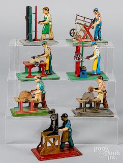 Seven tin lithograph workmen steam toy accessories