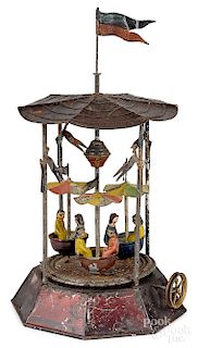 Painted and stained tin carousel steam toy