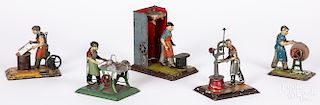 Five painted tin workmen steam toy accessories
