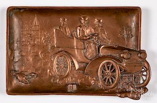 Bronzed high relief tray with touring car