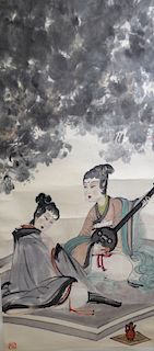 Chinese Watercolor Scroll Painting of Two Musician