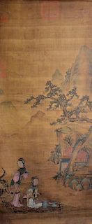 Chinese Watercolor Scroll Painting of Two Ladies