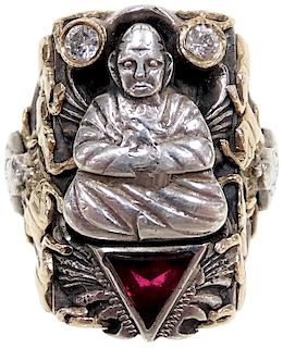 14K Sterling Silver Ruby & Diamond Buddha Ring