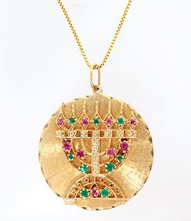 Ruby And Emerald Menorah Pendant Necklace