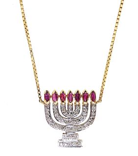 14K Diamond And Ruby Menorah Pendant Necklace