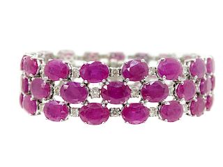 77.00ct Ruby And 1.02ct Diamond Bracelet In 14K