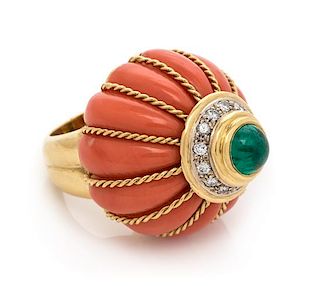 An 18 Karat Yellow Gold, Coral, Emerald and Diamond Bombe Ring, Italian, 20.50 dwts.