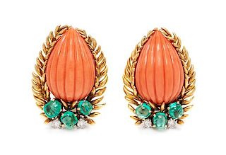 A Pair of 18 Karat Yellow Gold, Coral, Emerald and Diamond Earclips, David Webb, 16.70 dwts.