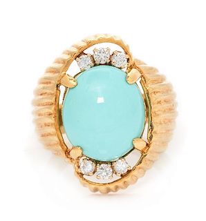 A 14 Karat Yellow Gold, Turquoise and Diamond Ring, 7.70 dwts.