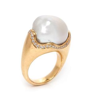An 18 Karat Yellow Gold, Baroque Cultured Pearl and Diamond Ring, 9.85 dwts.