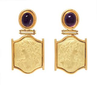 A Pair of 18 Karat Yellow Gold and Amethyst Earrings, 9.10 dwts.