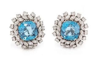A Pair of Platinum, Aquamarine and Diamond Earclips, 8.35 dwts.