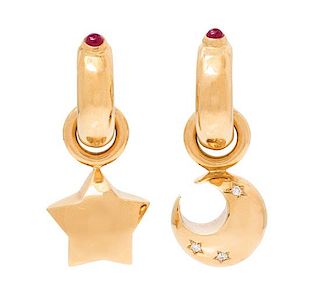 A Pair of 18 Karat Yellow Gold, Ruby and Diamond Convertible Earrings, Wempe, 17.40 dwts.