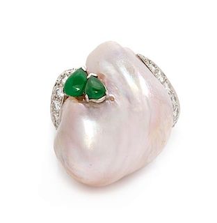 A Platinum, Cultured Baroque Pearl, Jade and Diamond Ring, 13.50 dwts.