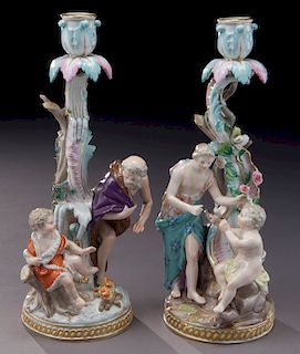 Pr. Meissen porcelain allegorical candlesticks,
