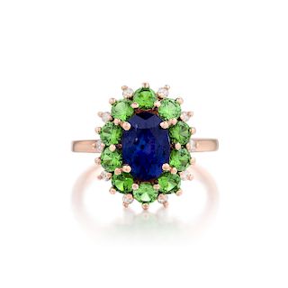A Sapphire Demantoid Garnet and Diamond Ring