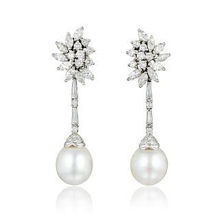 A Pair of Diamond and South Sea Cultured Pearl Drop Day/Night Earrings