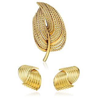 A Pair of Gold Earclips and a Gold Brooch