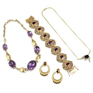A Group of 14K Gold Amethyst Jewelry