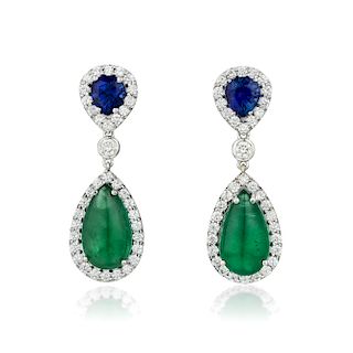 A Pair of Sapphire Emerald and Diamond Earrings