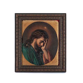 La lamentación de Cristo. Principios del siglo XX. Óleo sobre lámina de zinc. Enmarcado. 23 x 19 cm
