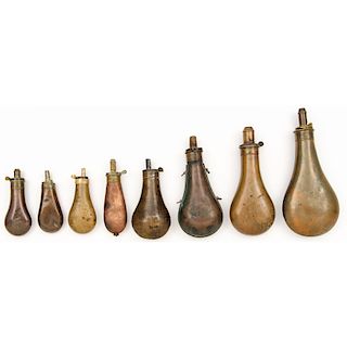 Lot of Eight Copper Powder Flasks Void of Themes