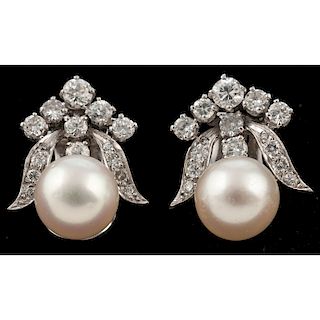 Platinum and 14k Gold Cultured Pearl and Diamond Earrings