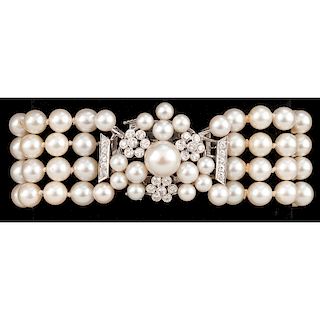 Cultured Pearl and Diamond Bracelet with Platinum and 14k Gold Diamond Clasp