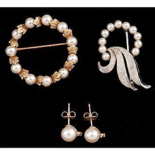 Cultured Pearl Jewelry in Karat Gold, Lot of Three