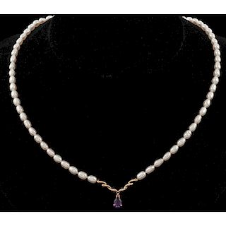 Rice Pearl and Amethyst Necklace with 14k Gold