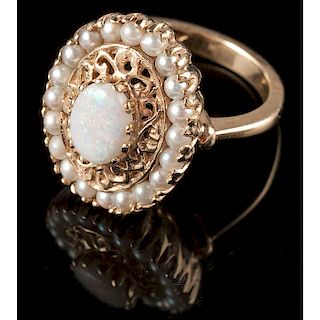 14k Gold Opal and Seed Pearl Ring